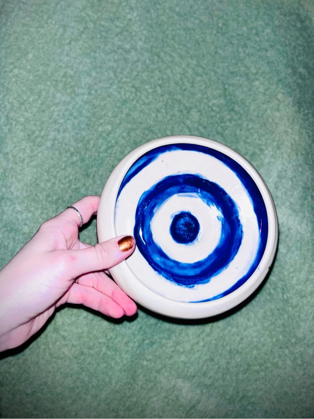Vtg 1990s Handmade Ceramic Cobalt Evil Eye Rolled-Edge Low Bowl/Dish